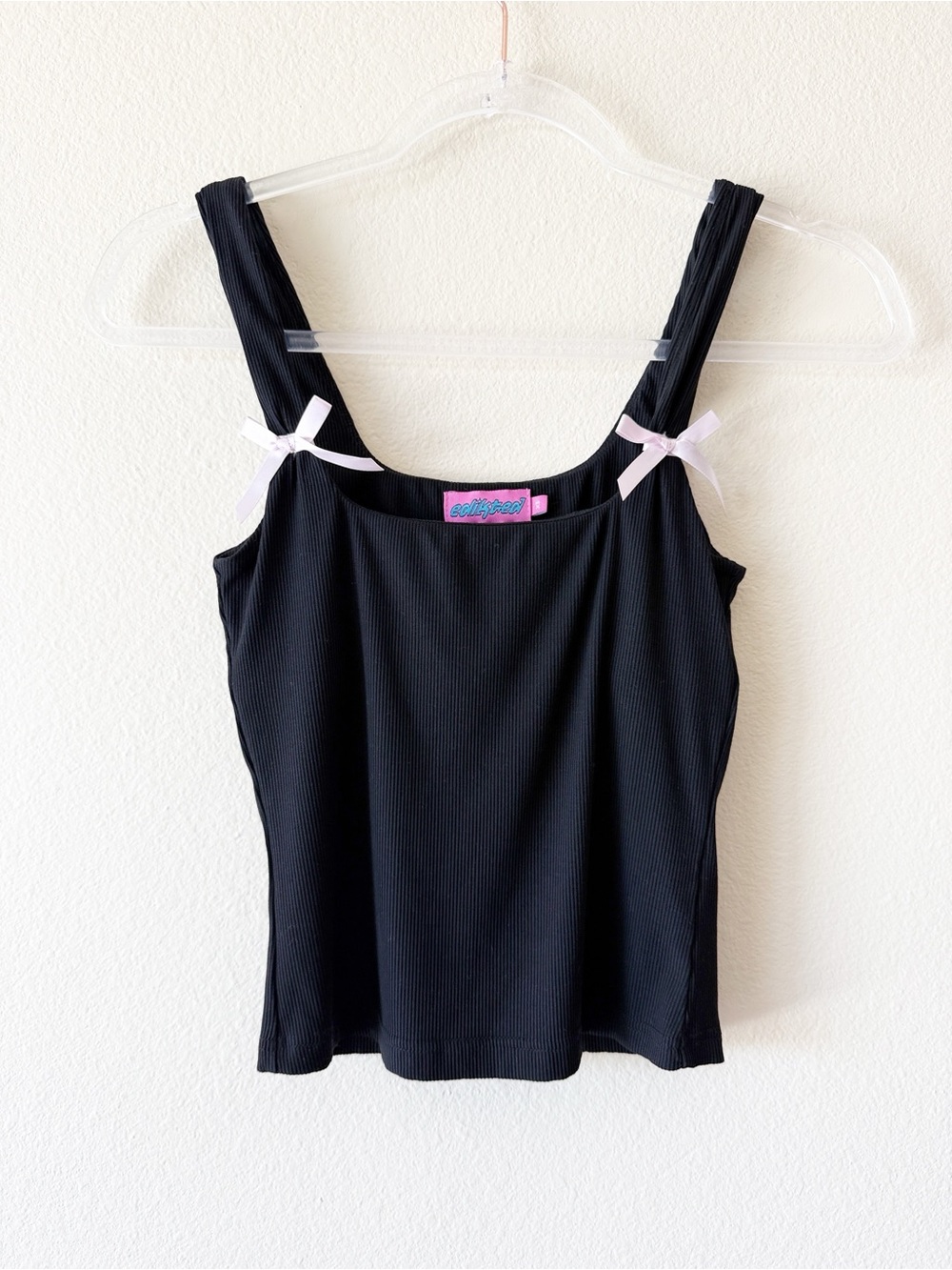 Edikted Black Ribbed Tank Top Pink Bow Straps Y2K